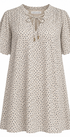A short-sleeve A-line dress shown from the front and back, featuring a beige and brown floral print with a tie-neck detail.