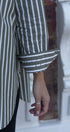 Close-up of a person wearing a green and white striped shirt with a blurred background