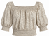 A beige puff-sleeve blouse with a small black floral pattern, featuring a smocked neckline and a smocked hem, shown against a plain white background.