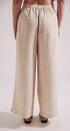 Beige wide-leg pants worn by a person on a white background