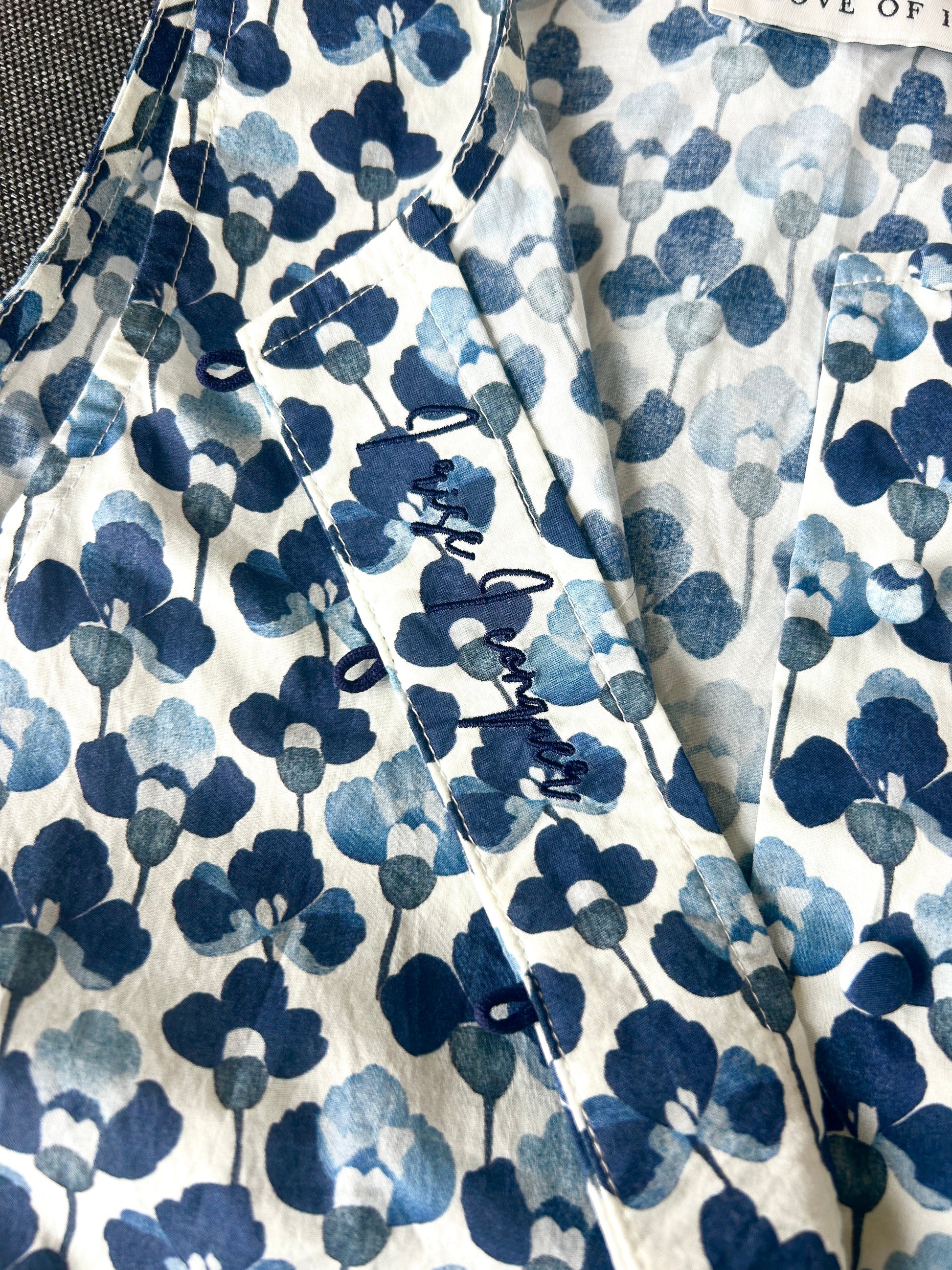 Fabric with blue floral pattern on a white background