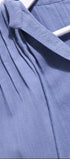 Close-up of a blue garment with a brand label on a white background