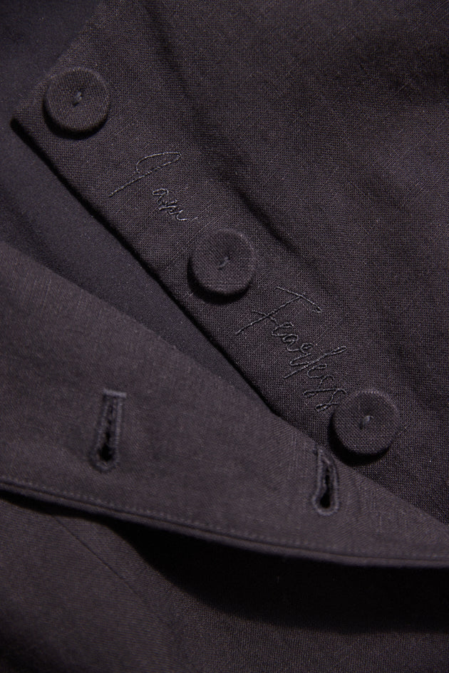 Close-up of a dark coat with buttons and visible branding.