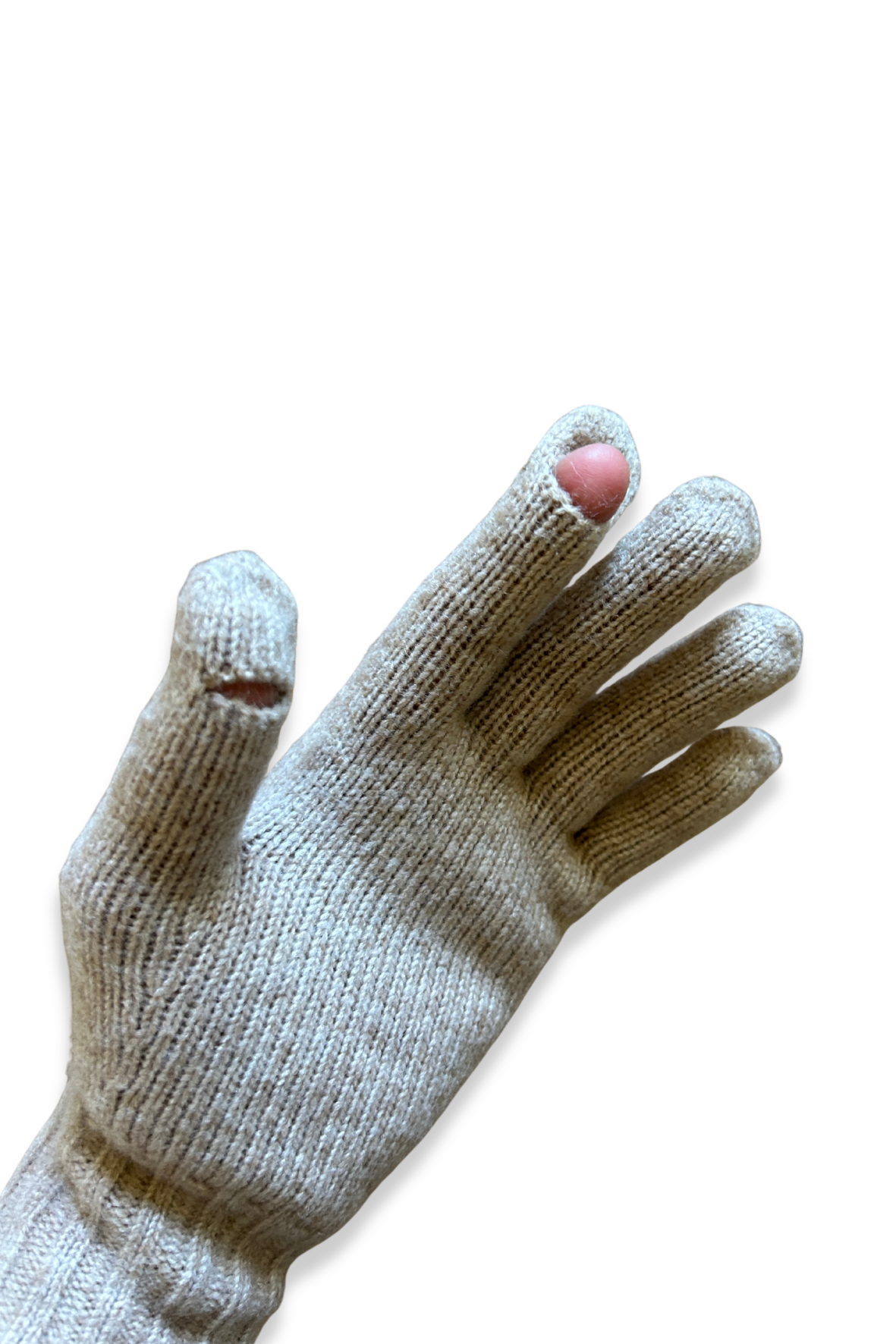 Beige knit glove on a white background