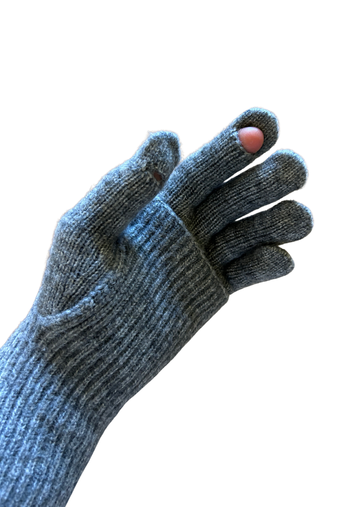 Gray gloves with touch screen tips on a white background